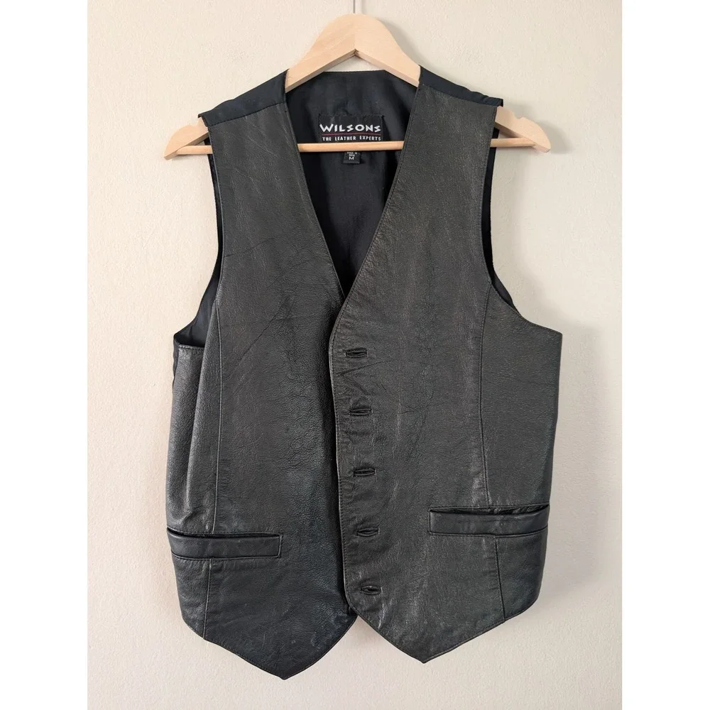 Wilsons Mens M Black Leather Button Front Vest Steampunk Biker Moto Edgy Vintage